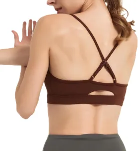 AMRIY Women's Light Support Sports Bra Adjustable Thin Straps Criss Cross Back Open Back Removable Pads Yoga Workout Bra