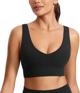 CRZ YOGA Butterluxe Womens V-Neck Longline Sports Bra - Wireless U-Shaped Open Back Yoga Low Impact Padded Crop Top