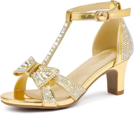 Girls High Heel Sandals Girl Dress Shoes Pump Open Toe T Strap Rhinestone Sandals Wedding Party Prom Shoes Little Big Kids