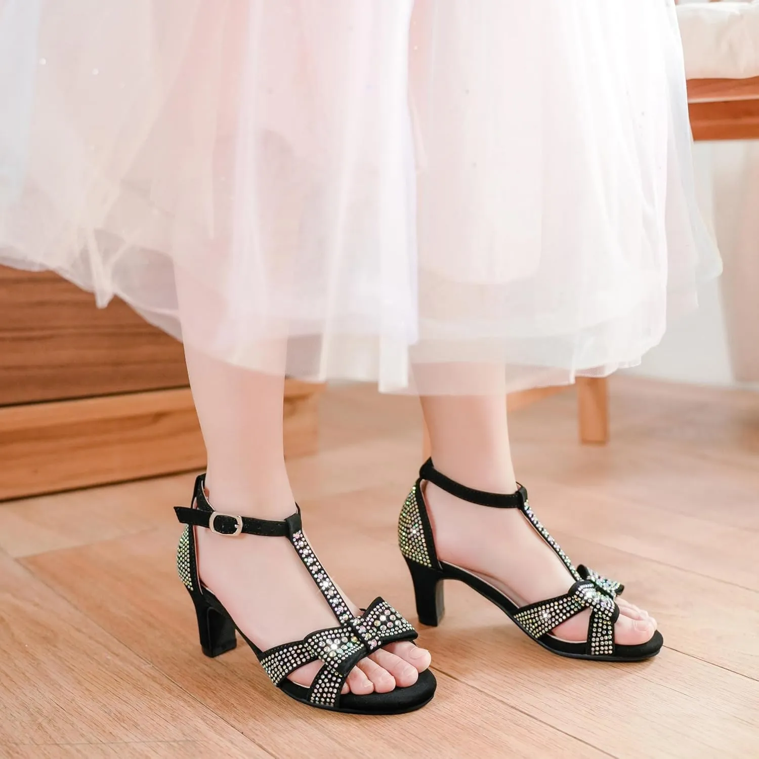 Girls High Heel Sandals Girl Dress Shoes Pump Open Toe T Strap Rhinestone Sandals Wedding Party Prom Shoes Little Big Kids