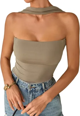 Halter Tube Tops for Women Summer Off Shoulder Ruched Strapless Open Back Tank Slim Fit Y2k Bandeau Shirts