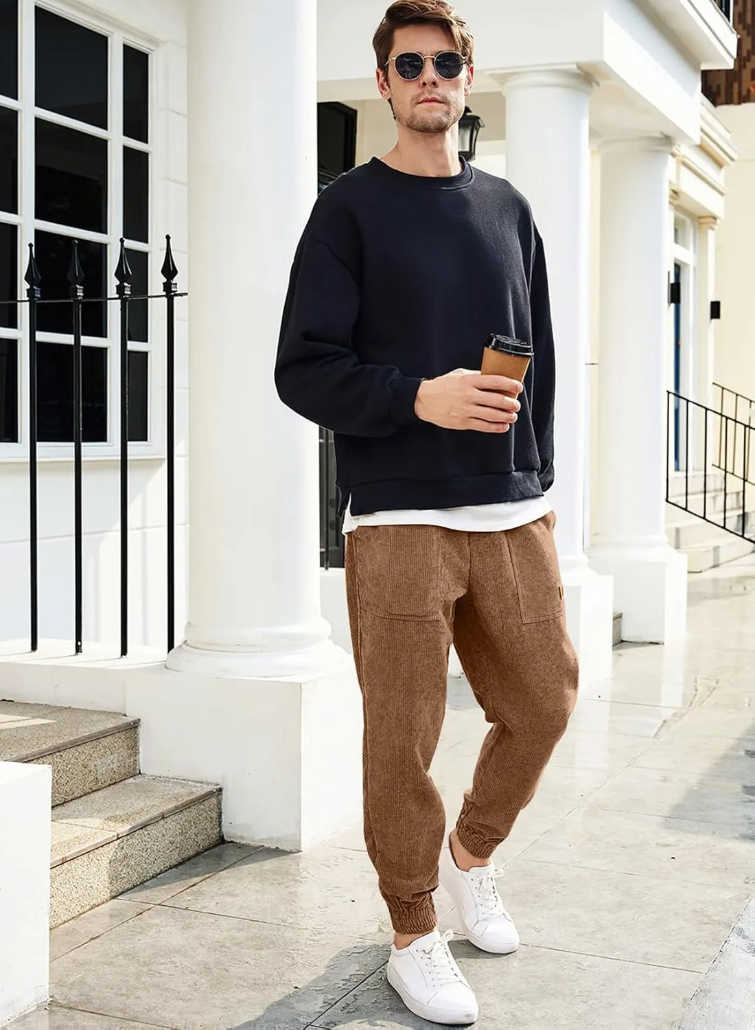 JMIERR Mens Corduroy Joggers Pants Casual Cargo Pants Drawstring Elastic Waist Baggy Tapered Sweatpants with Pockets