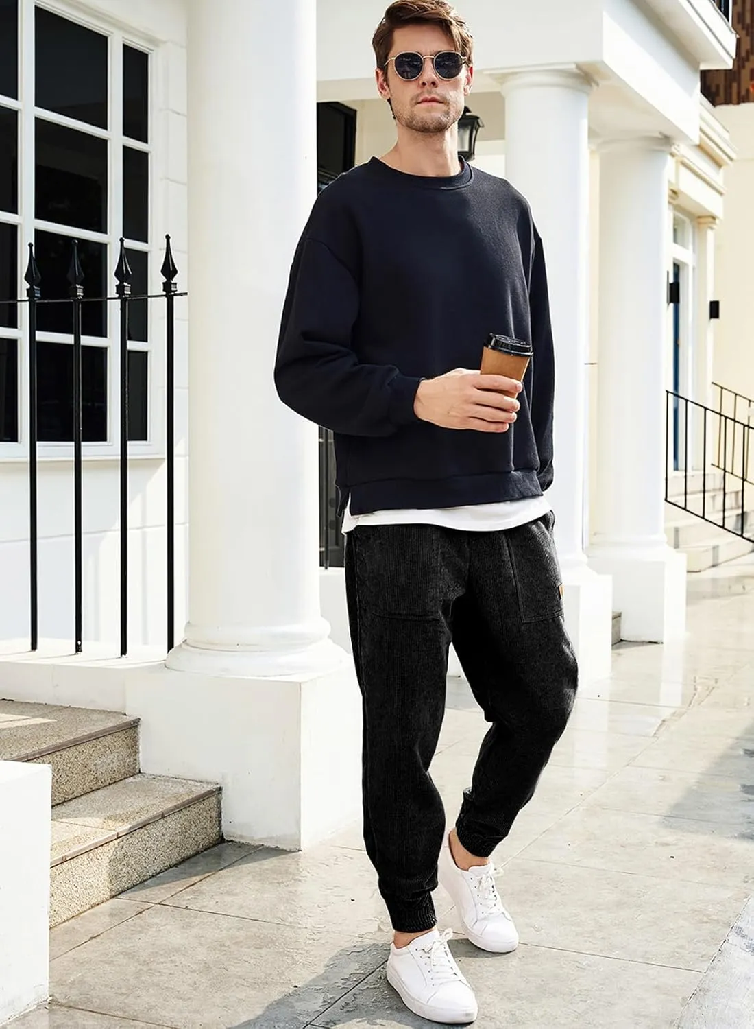 JMIERR Mens Corduroy Joggers Pants Casual Cargo Pants Drawstring Elastic Waist Baggy Tapered Sweatpants with Pockets