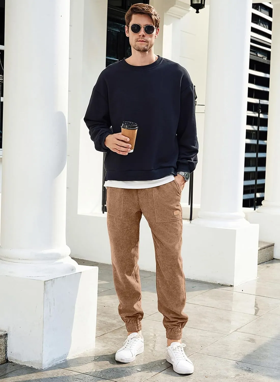 JMIERR Mens Corduroy Joggers Pants Casual Cargo Pants Drawstring Elastic Waist Baggy Tapered Sweatpants with Pockets