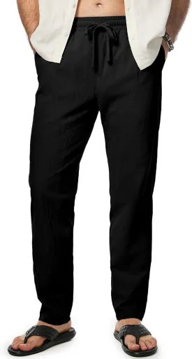 JMIERR Mens Cotton Pants Casual Elastic Waist Drawstring Lightweight Summer Beach Trousers with Pockets