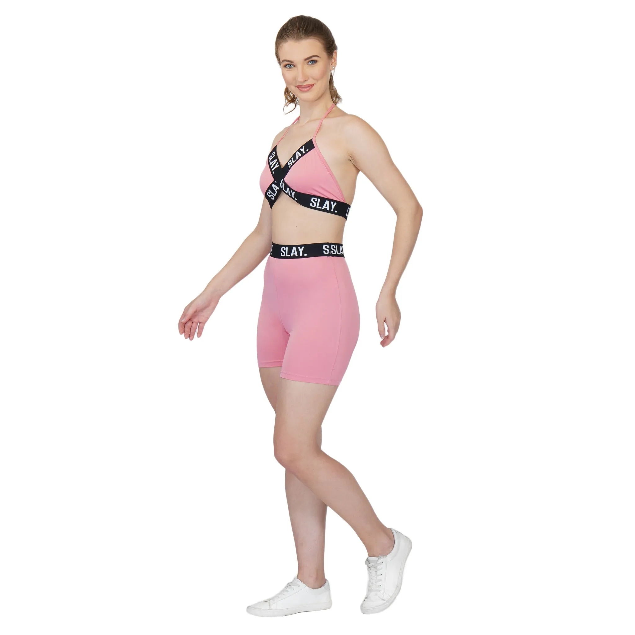 SLAY. Women's Pink Activewear Backless Sports Bra And High waist Shorts Co-ord Set