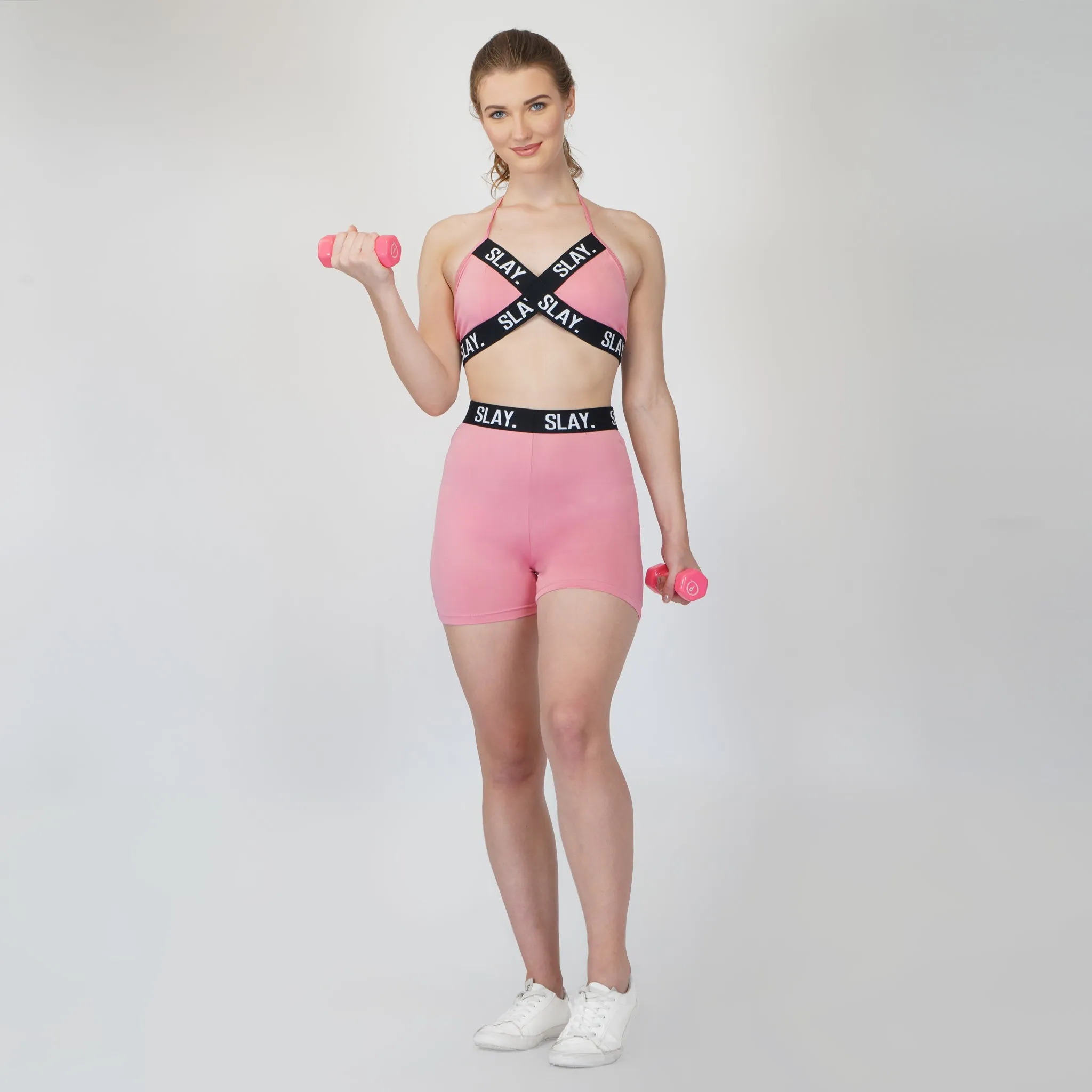 SLAY. Women's Pink Activewear Backless Sports Bra And High waist Shorts Co-ord Set