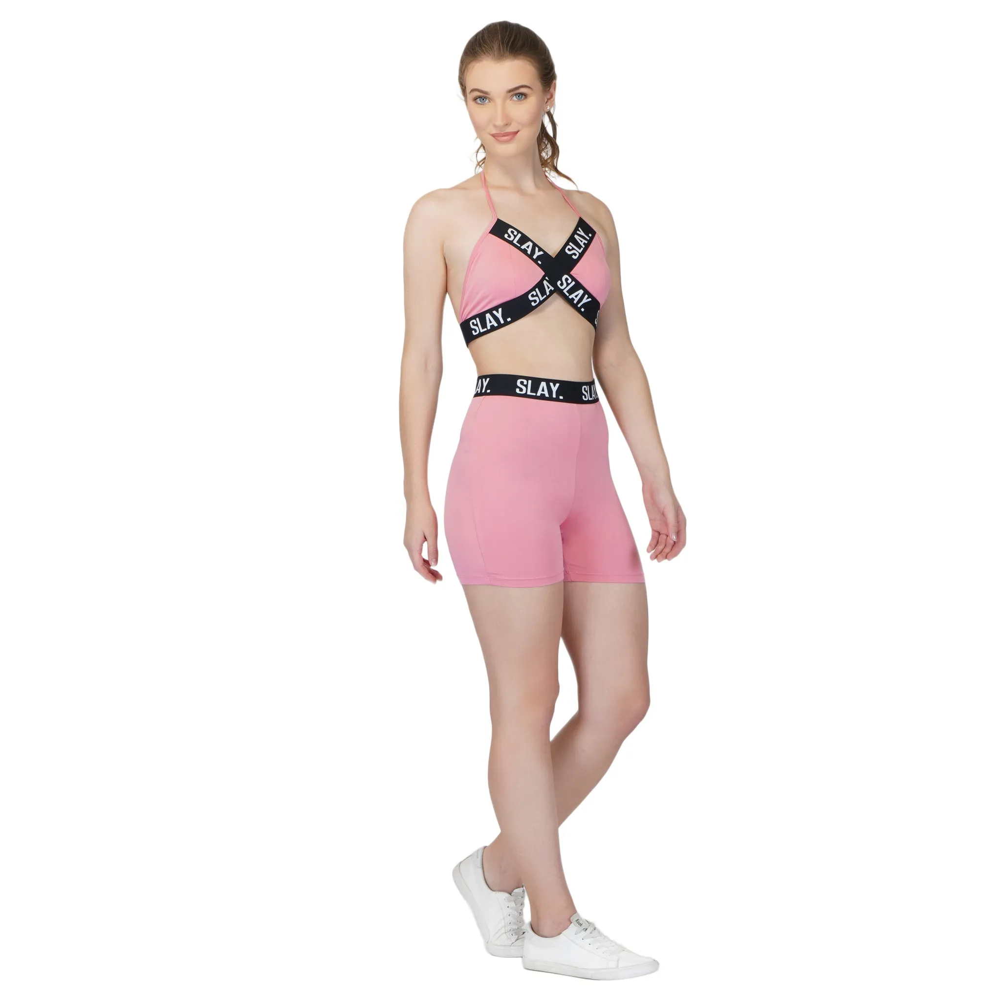SLAY. Women's Pink Activewear Backless Sports Bra And High waist Shorts Co-ord Set